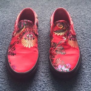 Women’s silky red Vans with floral detail